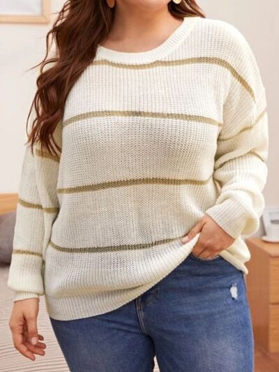 Plus Size Striped Dropped Shoulder Sweater-TOPS / DRESSES-[Adult]-[Female]-Ivory-L-2022 Online Blue Zone Planet