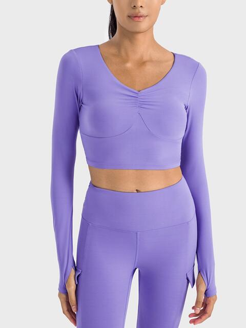 Ruched Cropped Long Sleeve Sports Top BLUE ZONE PLANET