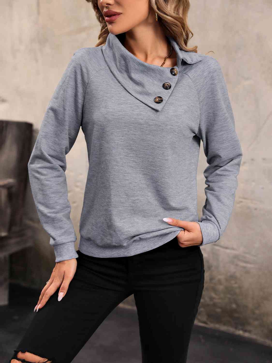 Mock Neck Raglan Sleeve Buttoned Sweatshirt BLUE ZONE PLANET