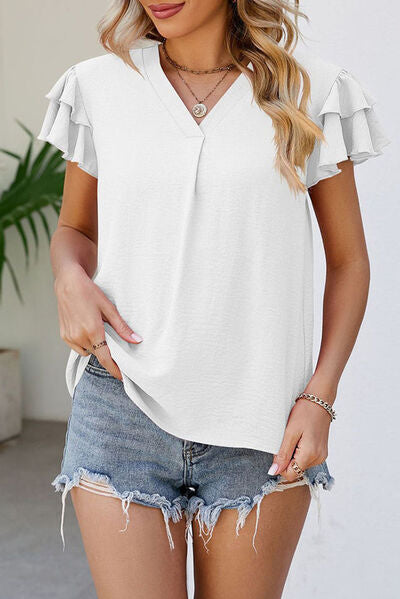 Ruffled V-Neck Short Sleeve Blouse Trendsi