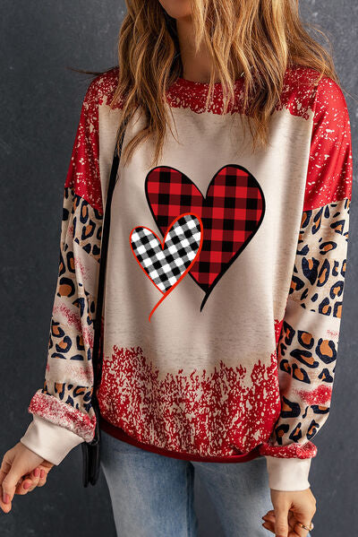 Heart Leopard Round Neck Sweatshirt BLUE ZONE PLANET