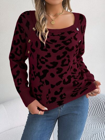 Leopard Buttoned Square Neck Sweater BLUE ZONE PLANET