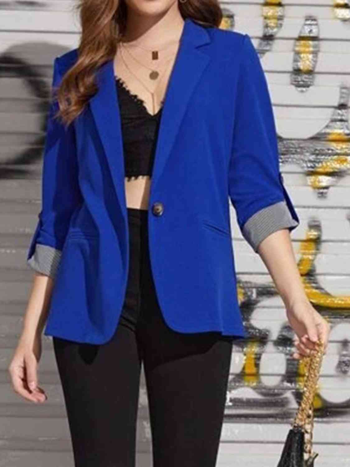 Lapel Collar Roll-Tab Sleeve Blazer BLUE ZONE PLANET