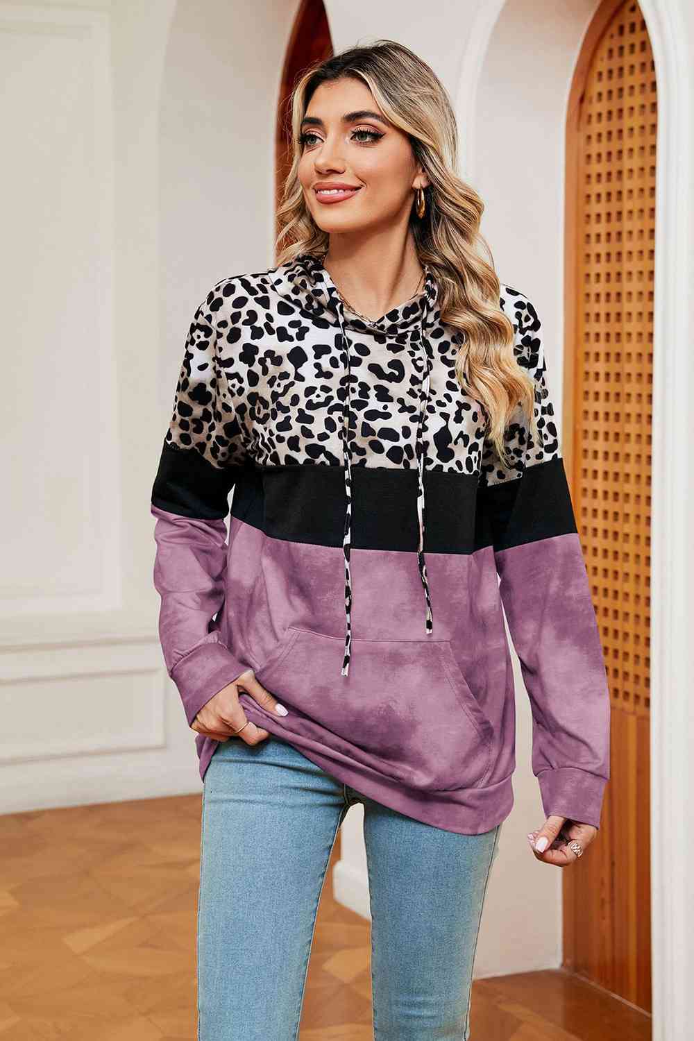 Leopard Drawstring Hoodie with Pocket BLUE ZONE PLANET