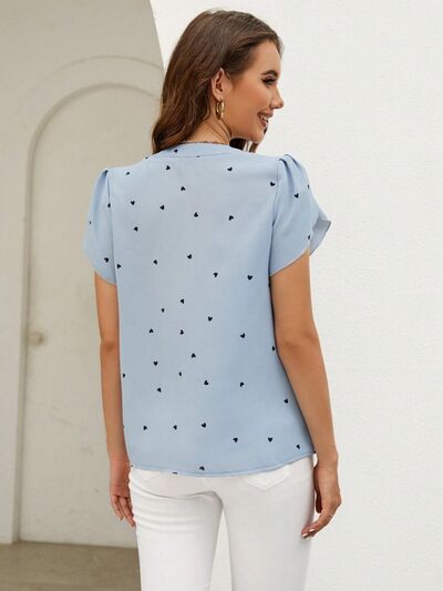 Blue Zone Planet |  Heart Print Notched Petal Sleeve Blouse BLUE ZONE PLANET