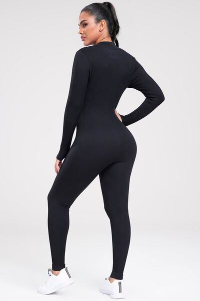 Zip Up Ribbed Long Sleeve Skinny Active Jumpsuit Trendsi