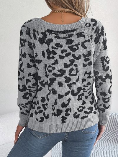 Leopard Buttoned Square Neck Sweater BLUE ZONE PLANET