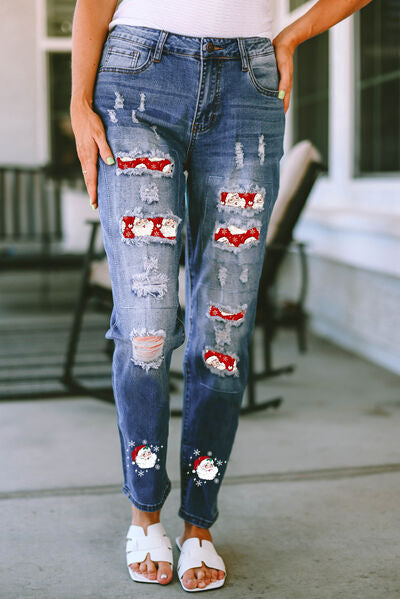 Santa Graphic Distressed Jeans with Pockets BLUE ZONE PLANET