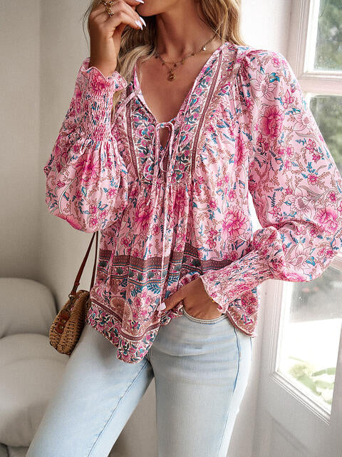 Bohemian Tie Neck Lantern Sleeve Blouse BLUE ZONE PLANET