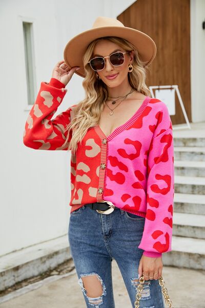 Leopard Button Up Dropped Shoulder Cardigan Trendsi