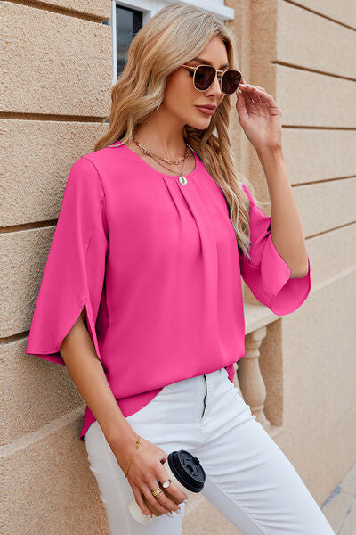 Blue Zone Planet |  Round Neck Slit Half Sleeve Top BLUE ZONE PLANET