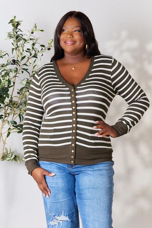 Zenana Full Size Striped Snap Down Cardigan BLUE ZONE PLANET