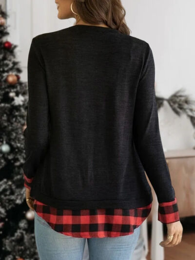 Plaid Round Neck Long Sleeve T-Shirt Trendsi