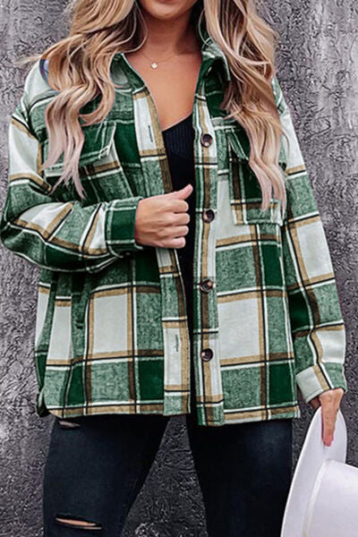 Plaid Pocketed Dropped Shoulder Coat-TOPS / DRESSES-[Adult]-[Female]-Green-S-2022 Online Blue Zone Planet
