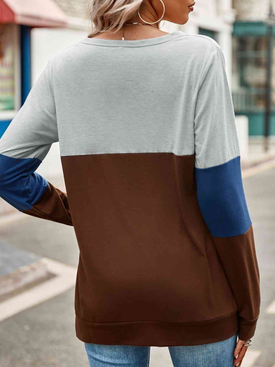 Color Block Cutout Round Neck Long Sleeve T-Shirt BLUE ZONE PLANET