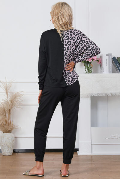 Leopard Round Neck Top and Drawstring Pants Lounge Set Trendsi