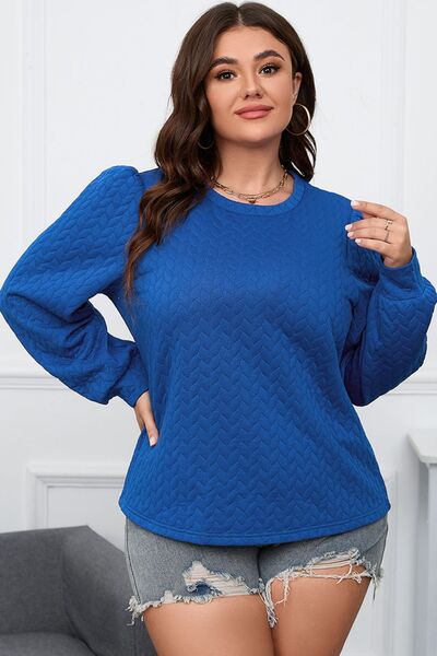 Plus Size Textured Round Neck Long Sleeve Top BLUE ZONE PLANET