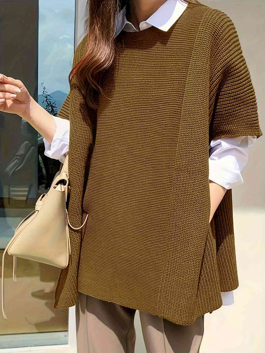 Plus Size Round Neck Slit Short Sleeve Sweater-TOPS / DRESSES-[Adult]-[Female]-Olive Brown-1XL-2022 Online Blue Zone Planet