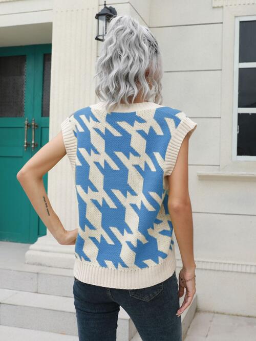 Houndstooth V-Neck Sweater Vest BLUE ZONE PLANET