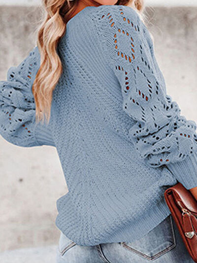 Openwork Round Neck Lantern Sleeve Sweater-TOPS / DRESSES-[Adult]-[Female]-2022 Online Blue Zone Planet