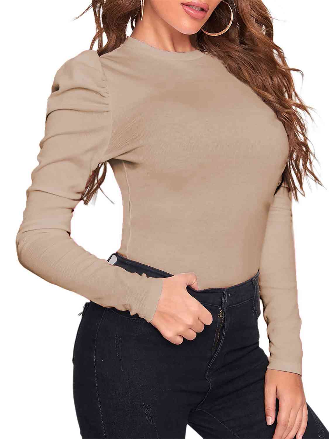 Round Neck Leg-Of-Mutton Sleeve Top BLUE ZONE PLANET