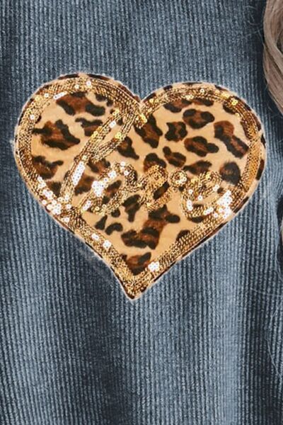 Blue Zone Planet |  Heart Leopard Sequin Round Neck Sweatshirt BLUE ZONE PLANET