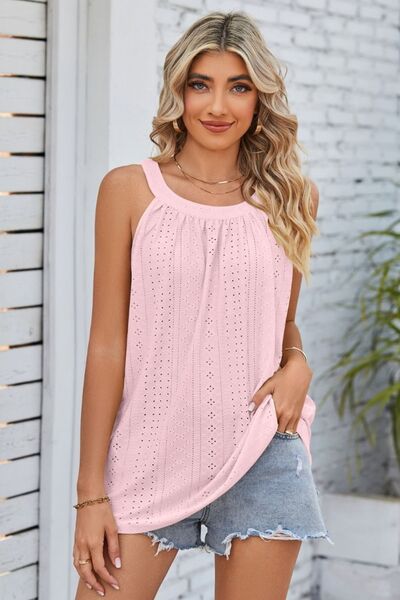 Openwork Round Neck Wide Strap Tank Trendsi