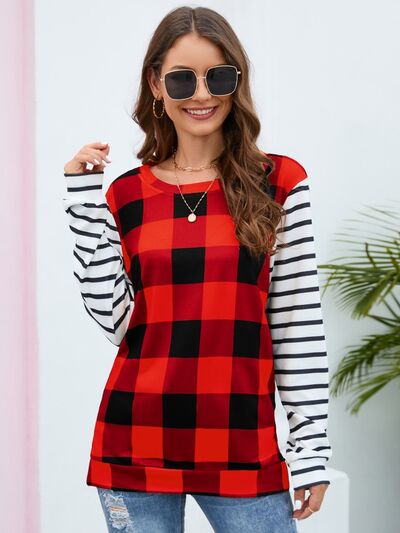 Plaid Striped Round Neck Long Sleeve T-Shirt-TOPS / DRESSES-[Adult]-[Female]-Scarlet-S-2022 Online Blue Zone Planet