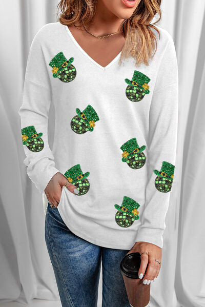 Sequin V-Neck Long Sleeve T-Shirt Trendsi