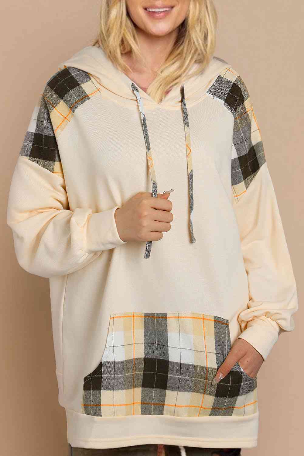 Plaid Drawstring Drop Shoulder Hoodie with Pocket BLUE ZONE PLANET