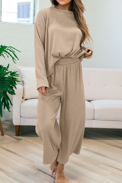 Round Neck Dropped Shoulder Top and Pants Set Trendsi