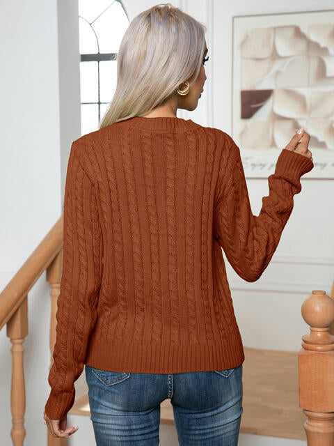 Cable-Knit Round Neck Long Sleeve Sweater BLUE ZONE PLANET