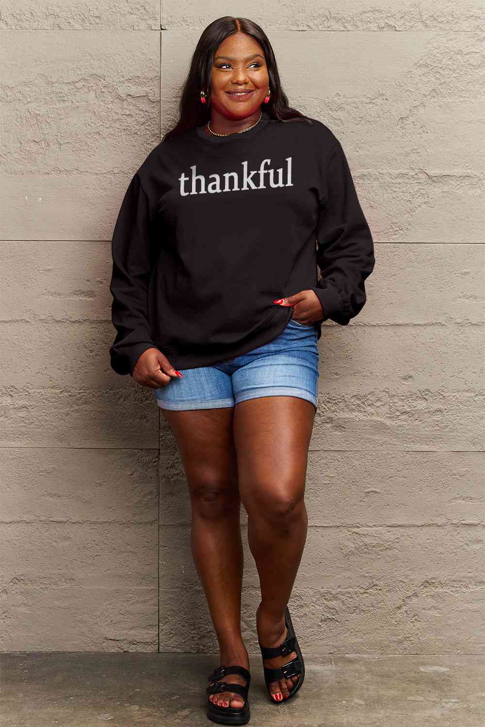 Simply Love Full Size THANKFUL Graphic Sweatshirt BLUE ZONE PLANET