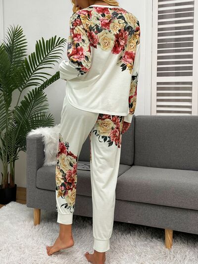 Printed Round Neck Top and Drawstring Pants Lounge Set Trendsi