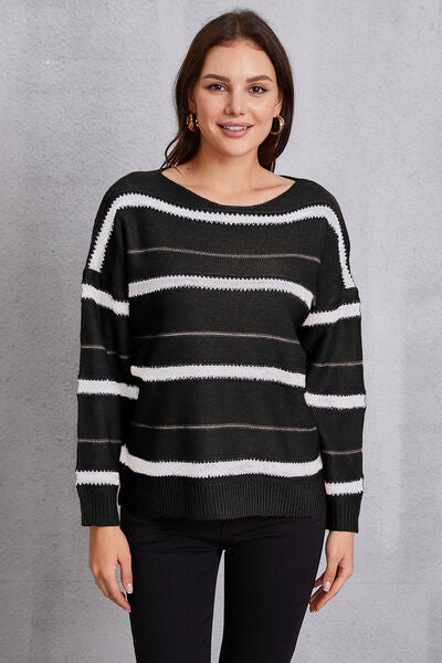 Striped Round Neck Dropped Shoulder Sweater-TOPS / DRESSES-[Adult]-[Female]-Black-S-2022 Online Blue Zone Planet