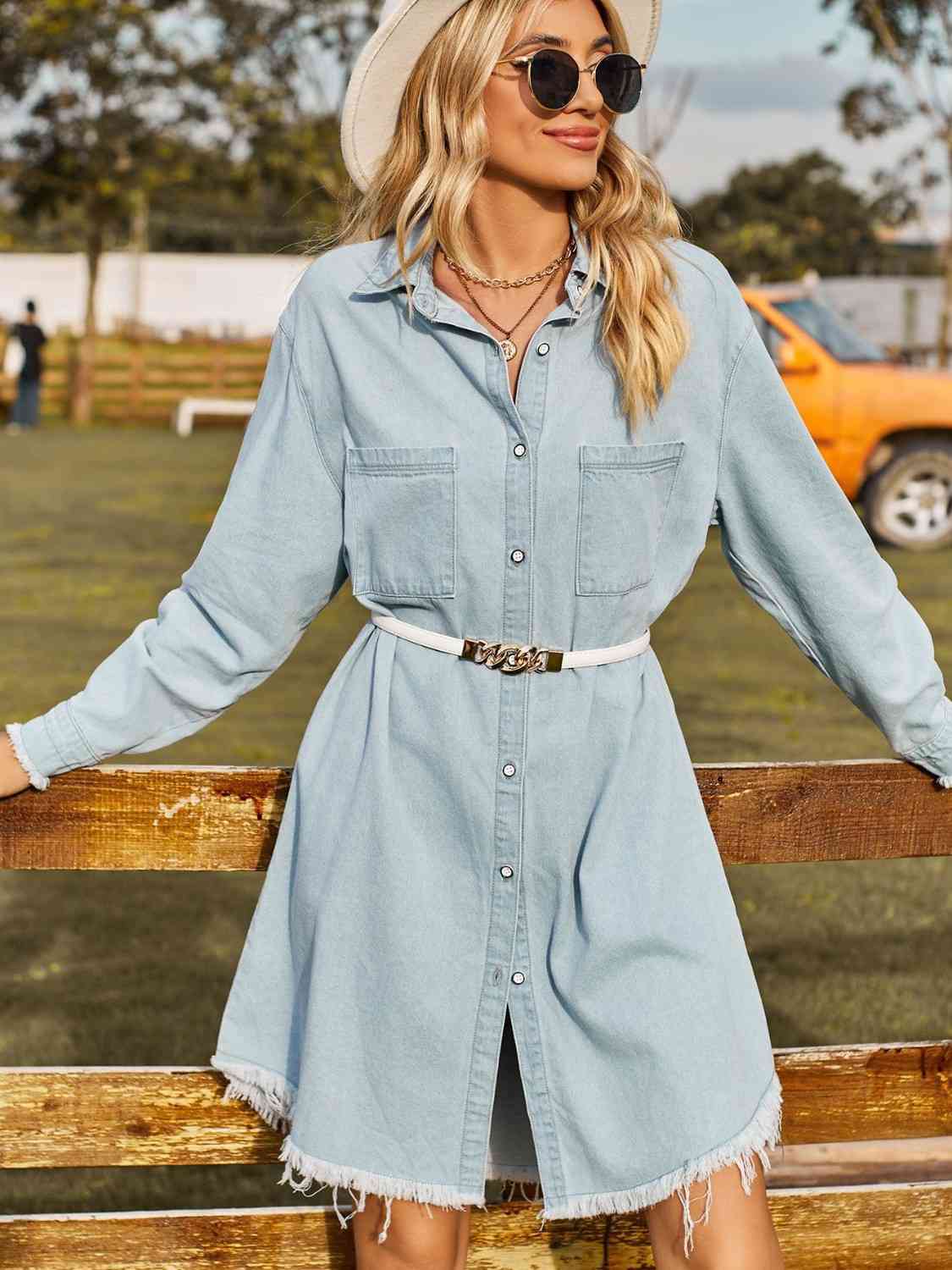 Button Up Collared Neck Raw Hem Denim Dress BLUE ZONE PLANET