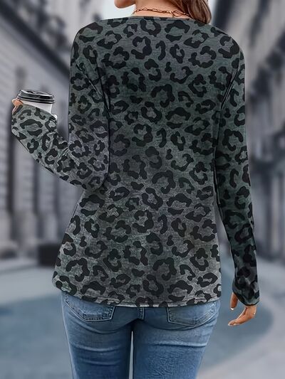 Blue Zone Planet |  Leopard V-Neck Long Sleeve T-Shirt BLUE ZONE PLANET