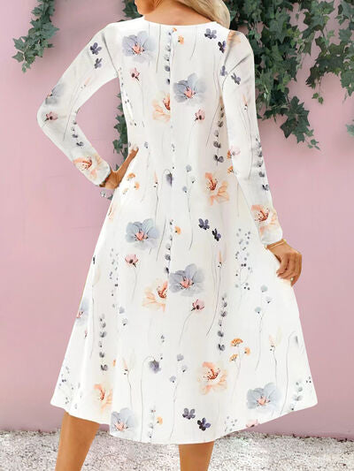 Floral Notched Long Sleeve Midi Dress BLUE ZONE PLANET