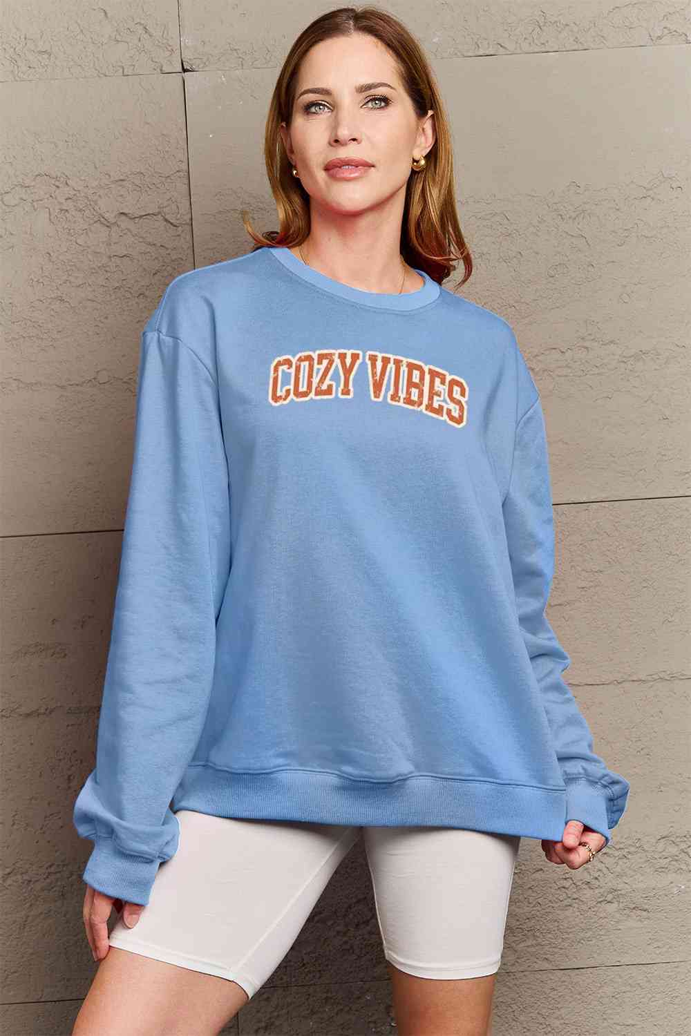 Blue Zone Planet |  Simply Love Full Size COZY VIBES Graphic Sweatshirt BLUE ZONE PLANET