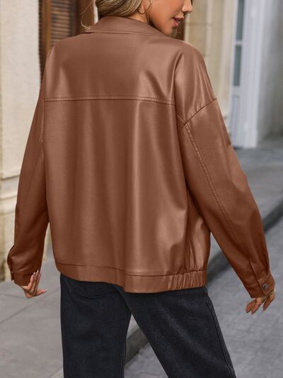 Pocketed Zip Up Collared Neck Jacket Trendsi