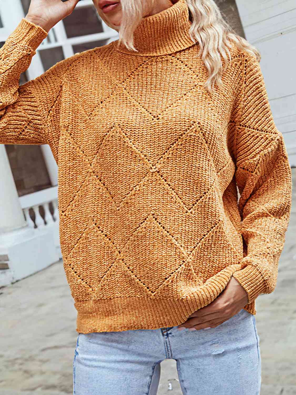 Geometric Turtleneck Long Sleeve Sweater BLUE ZONE PLANET