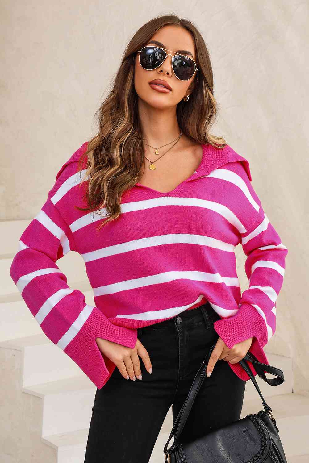 Striped Collared Neck Slit Sweater BLUE ZONE PLANET