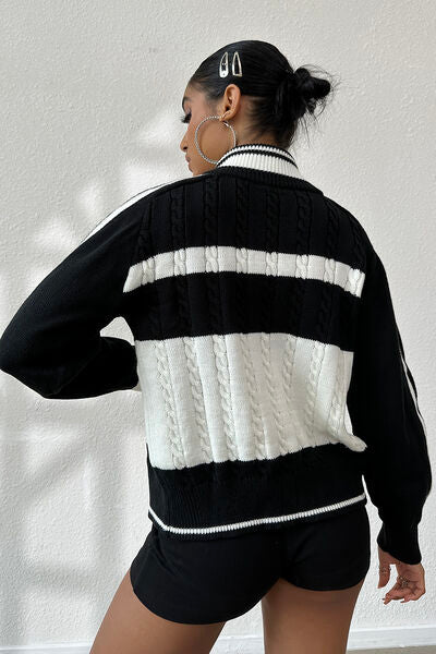 Cable-Knit Color Block Raglan Sleeve Cardigan BLUE ZONE PLANET