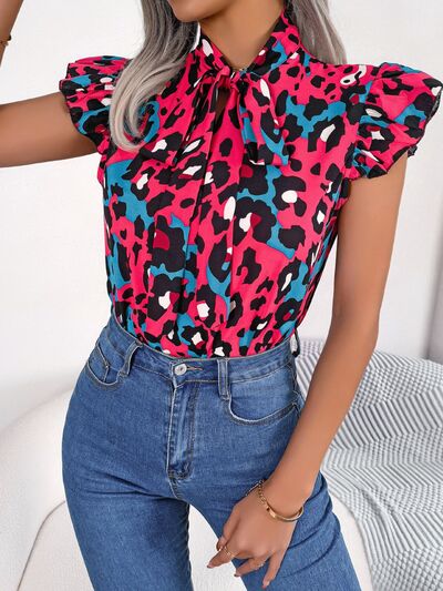 Leopard Tie Neck Cap Sleeve Blouse BLUE ZONE PLANET