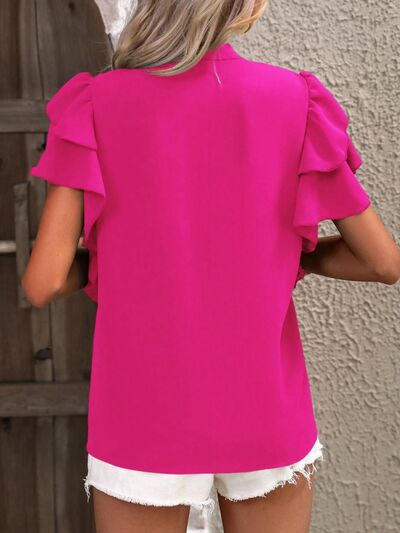 Ruffled Notched Short Sleeve Blouse Trendsi