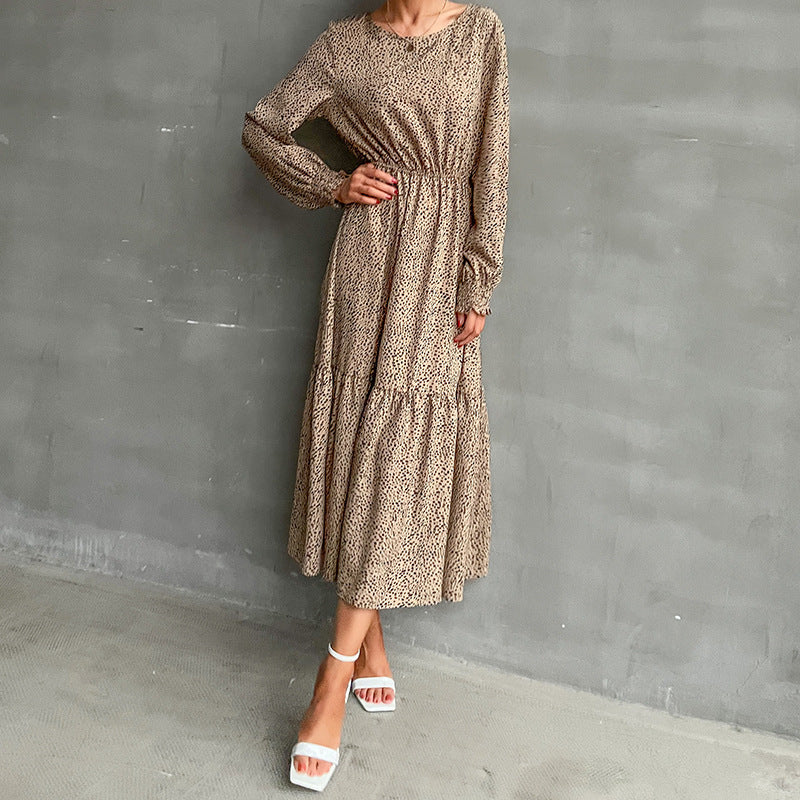 Leopard long sleeve round neck long dress female autumn and winter kakaclo