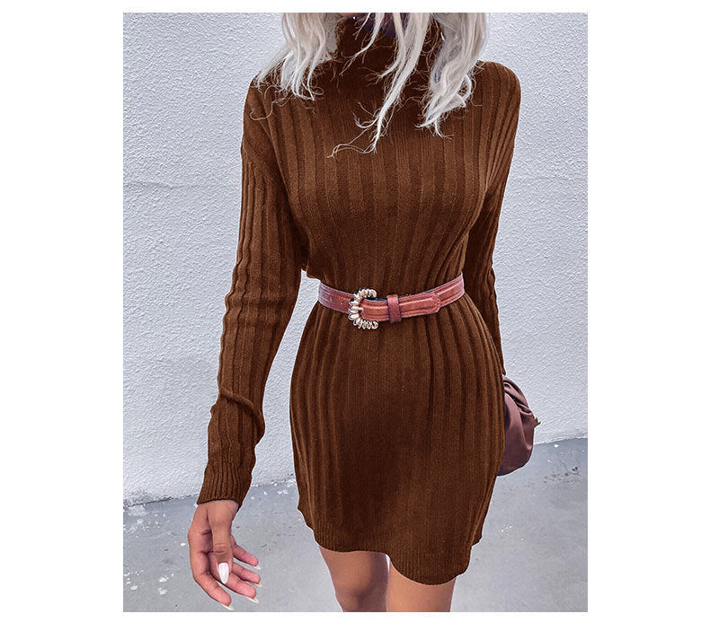 Women's Pit Strip Turtleneck Long Sleeve Loose Sweater Dress kakaclo