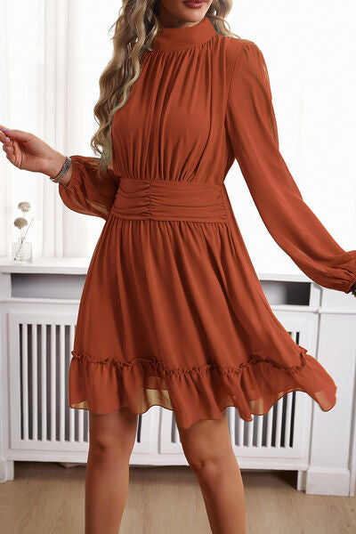 Frill Ruched Mock Neck Balloon Sleeve Dress-TOPS / DRESSES-[Adult]-[Female]-2022 Online Blue Zone Planet