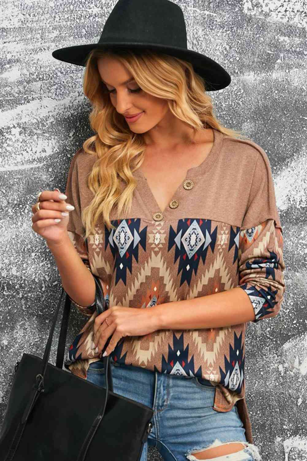 Brown Western Print Buttoned V Neck Top BLUE ZONE PLANET