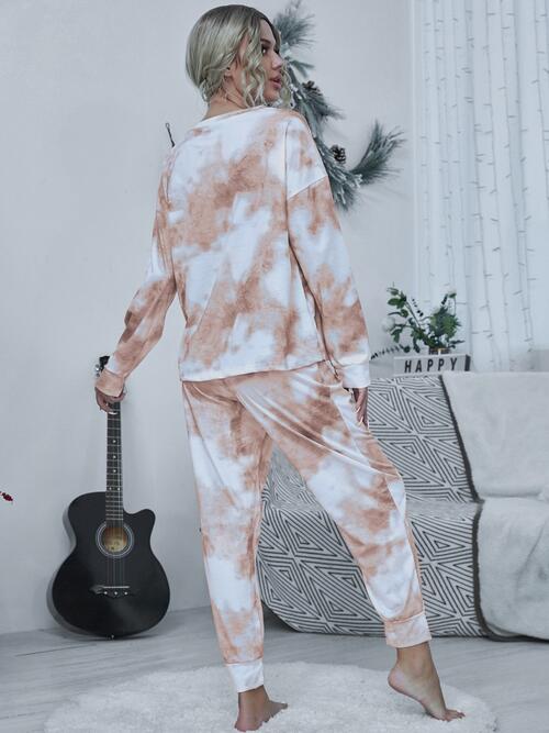 Tie-dye Round Neck Top and Drawstring Pants Lounge Set BLUE ZONE PLANET